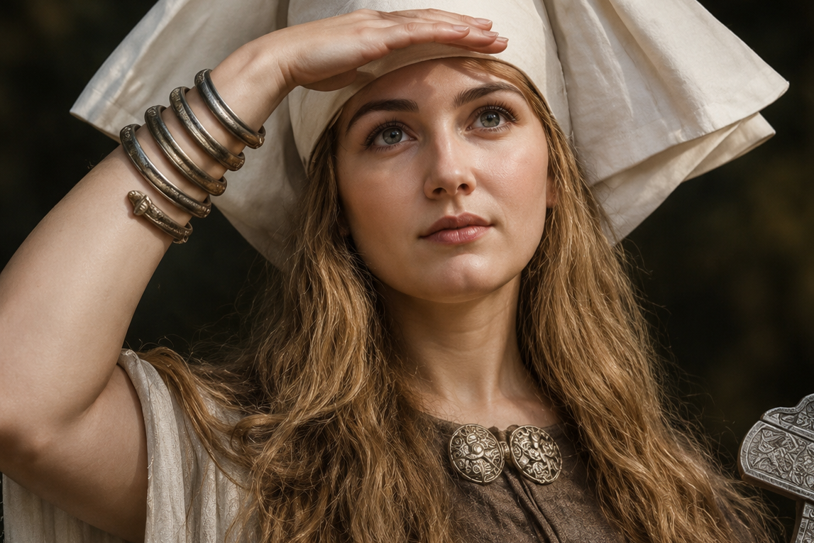 Svanhild in a medieval-style costume with a tall cream tunic, brown textured tunic, silver-toned jewelry, and long wavy brown hair, looking upward with one hand shielding her eyes.