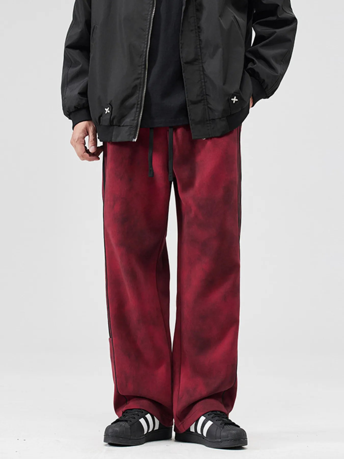 Men's Crimson Acid-Wash Drawstring Striped Loose Fit Pants- Ermanaric
