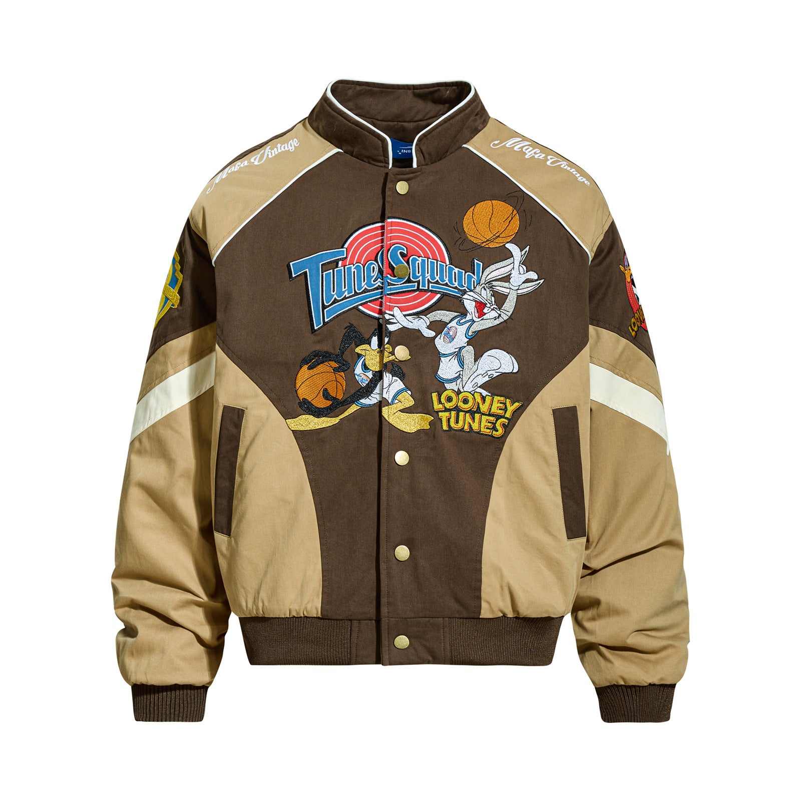 Looney Tunes "Tune Squad" varsity-style bomber jacket in earthy brown and tan tones, featuring Bugs Bunny and Daffy Duck basketball embroidery and vintage-inspired patches.