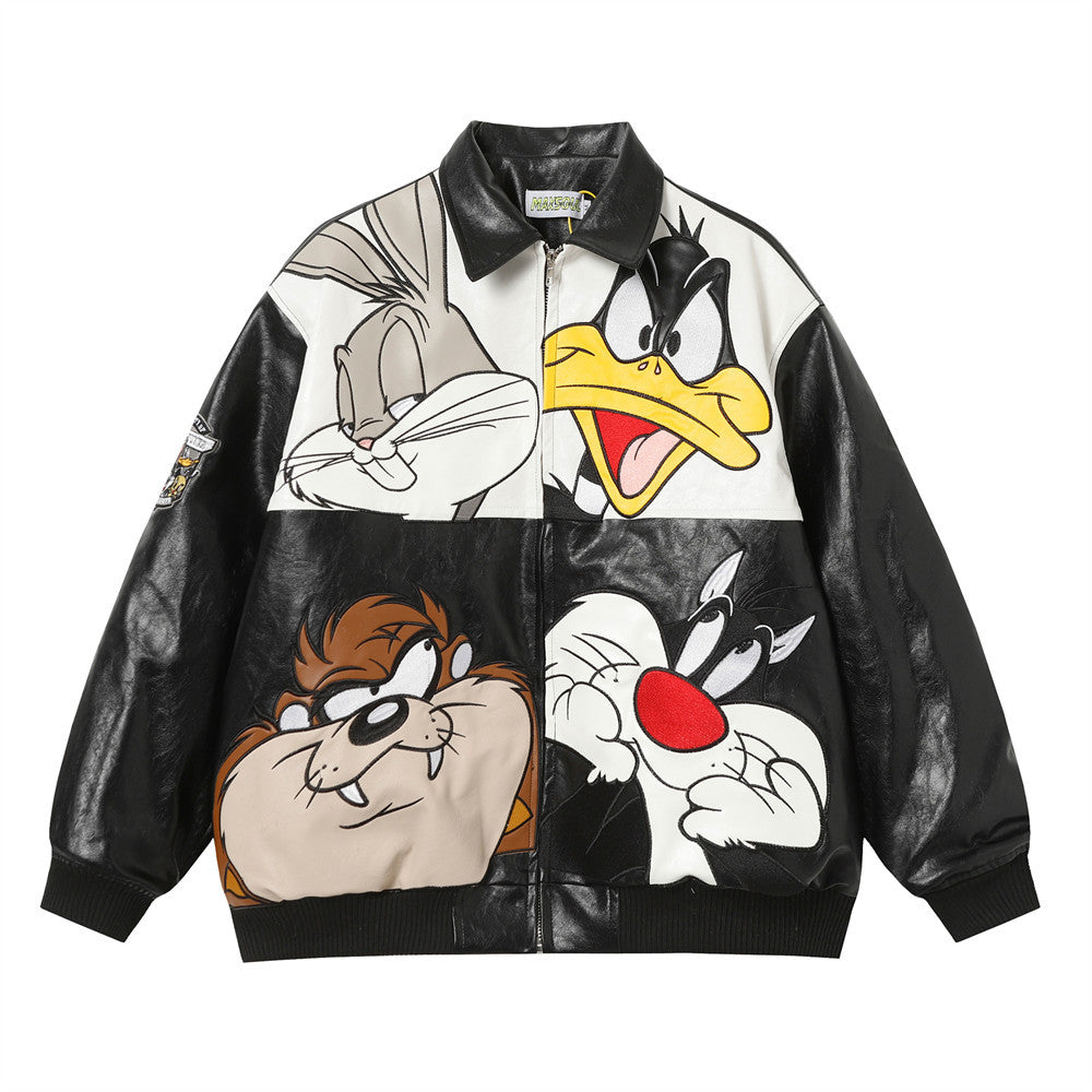 A black faux leather bomber jacket featuring a four-panel grid design on the front. The top panels show oversized graphics of Bugs Bunny and Daffy Duck on a white background, while the bottom panels feature the Tasmanian Devil and Sylvester the Cat on black. Includes a shirt-style collar, ribbed cuffs, and a zip-up front.