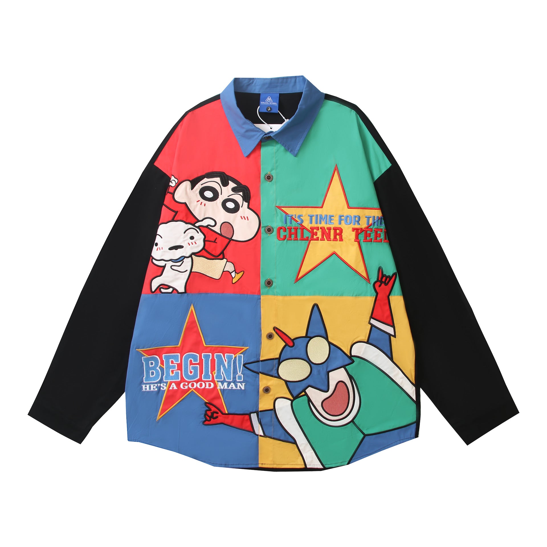 Retro Color Block Cartoon Applique Embroidery Couple Long Sleeve Shirt BF Loose Versatile Blouse Jacket for Men and Women