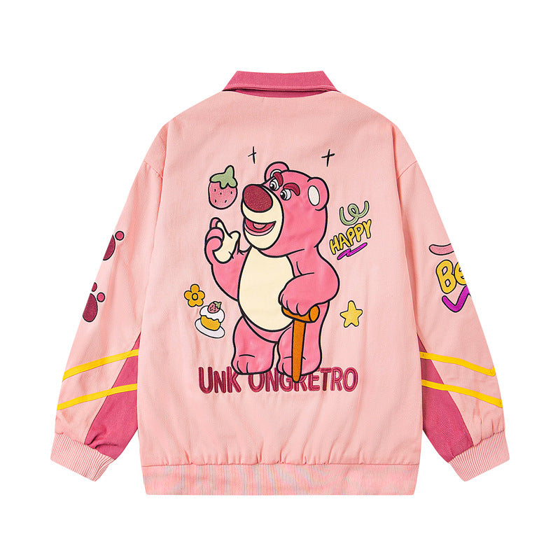 Retro Color-Blocked Pink Bear Cartoon Embroidery Lapel Jacket, Unisex Design Couple Loose Outerwear