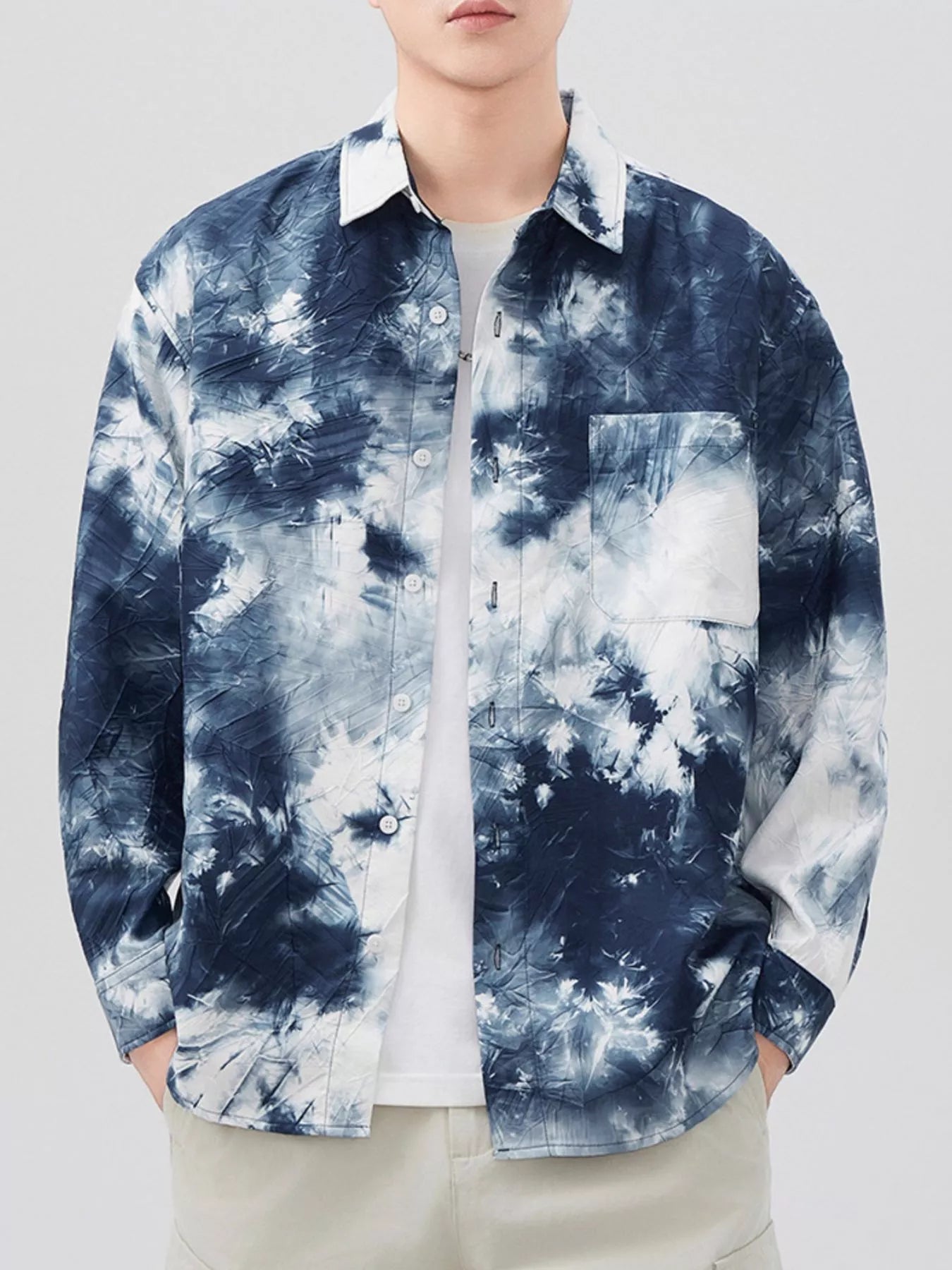 Men's Plus Size Tie-Dye Button Up Long Sleeve Shirt - Ermanaric